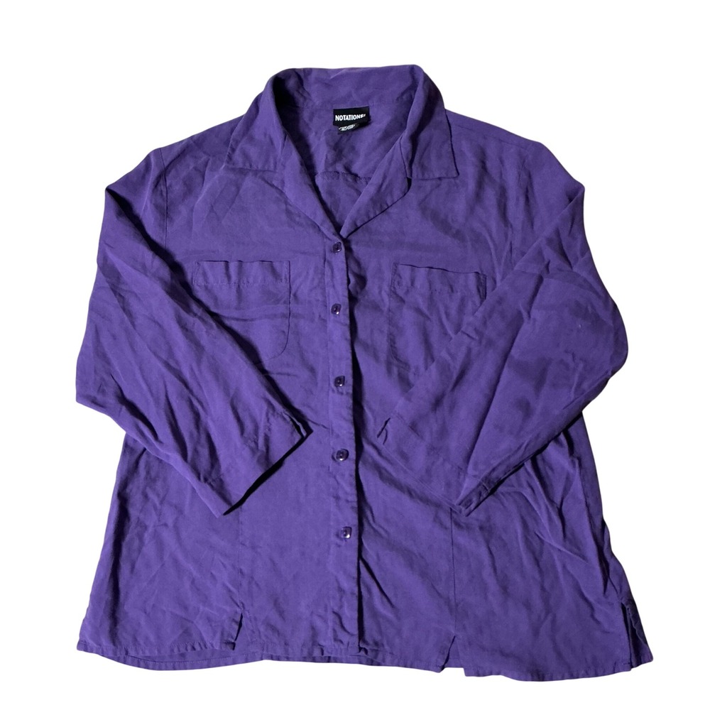 Notations Silk Purple Button Up Blouse Women L 100% Silk 3/4 Sleeve Luxury